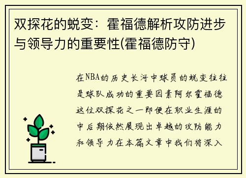 双探花的蜕变：霍福德解析攻防进步与领导力的重要性(霍福德防守)