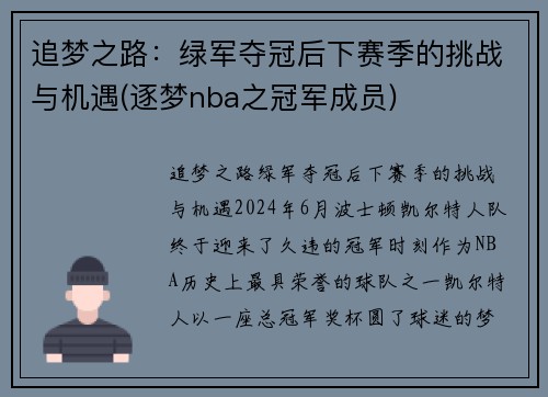 追梦之路：绿军夺冠后下赛季的挑战与机遇(逐梦nba之冠军成员)