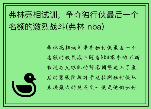 弗林亮相试训，争夺独行侠最后一个名额的激烈战斗(弗林 nba)