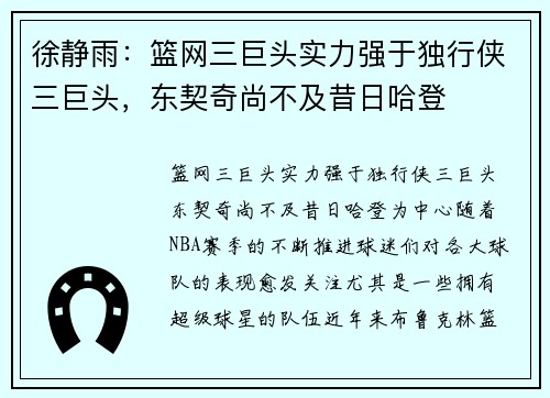 徐静雨：篮网三巨头实力强于独行侠三巨头，东契奇尚不及昔日哈登