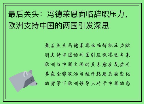 最后关头：冯德莱恩面临辞职压力，欧洲支持中国的两国引发深思