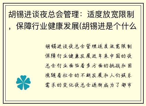 胡锡进谈夜总会管理：适度放宽限制，保障行业健康发展(胡锡进是个什么人)