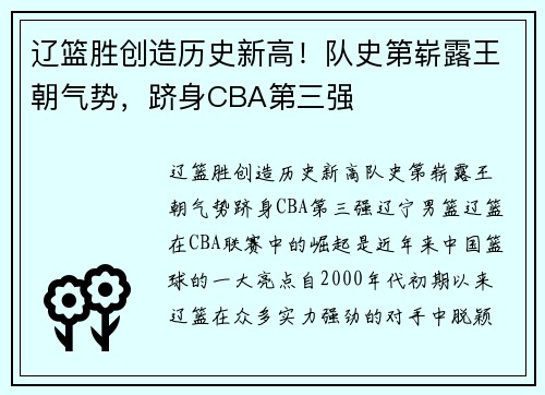 辽篮胜创造历史新高！队史第崭露王朝气势，跻身CBA第三强